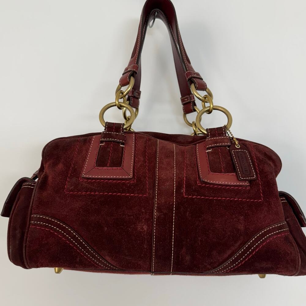 Coach Suede Vintage Mia Soho Satchel Bag with Leather Trim Red Burgundy F10061 - Picture 3 of 16